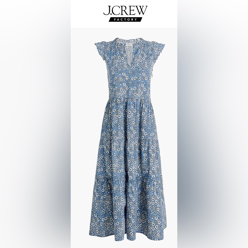 J Crew Cotton Poplin Tiered Ruffle Blue Floral Midi Dress Size Small